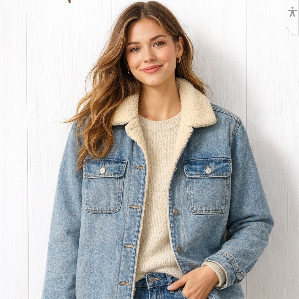 Old Navy Light Wash Denim Jacket with Cream Sherpa Collar
